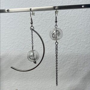 Silver Asymmetrical Orb Chain Crescent Earrings